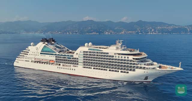 Seabourn Ovation, which sails Seabourn's 2029 Mediterranean season, at Portofino, Italy, June 2025
