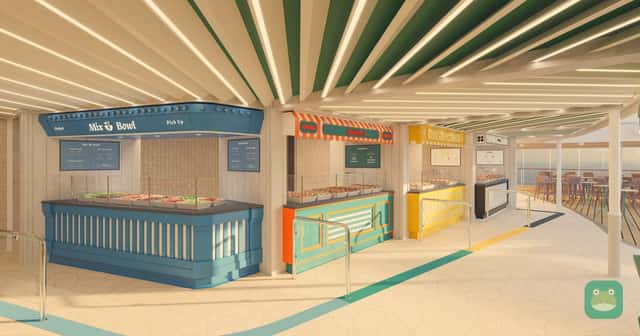 Rendering of the Aqua Food Market stalls on MSC World Asia's Aqua Deck