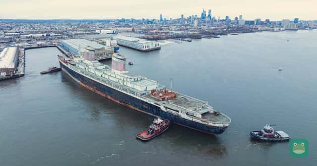 Tugs guide the SS United States away from Pier 80 in Philadelphia.