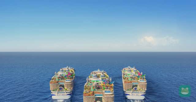 A Royal Caribbean rendering of three Icon-class ships at sea.