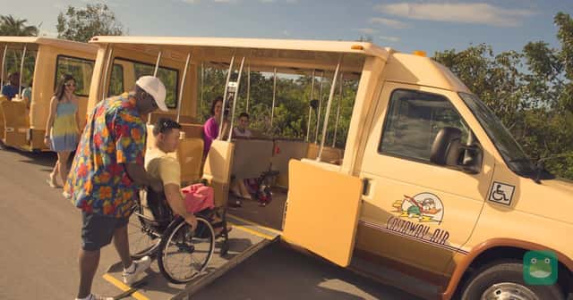 A wheelchair ramp on an accessible tram at a Disney Cruise Line island destination