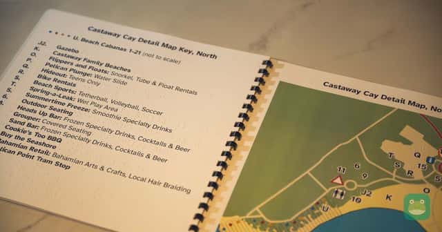 A braille and tactile guidebook for Disney Castaway Cay, with a map key and a raised map
