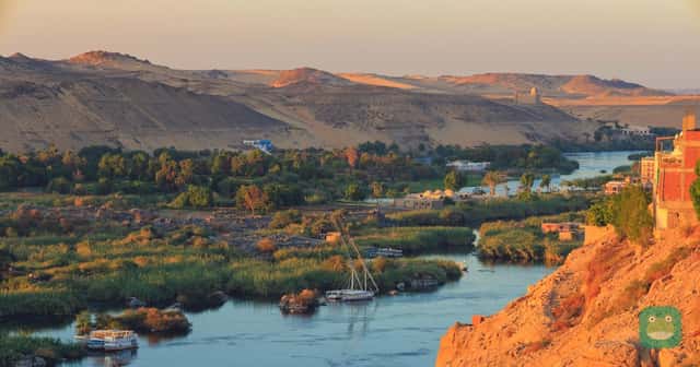 Nile — the river valley between farmland and desert hills, Egypt